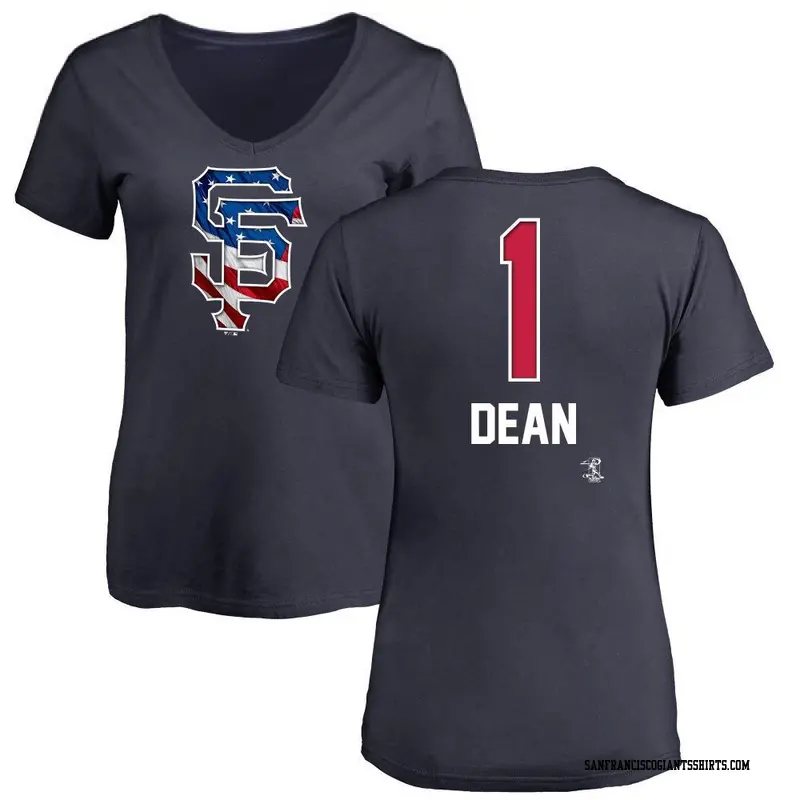 Women's San Francisco Giants ＃1 Austin Dean Navy Name and Number Banner Wave V-Neck T-Shirt