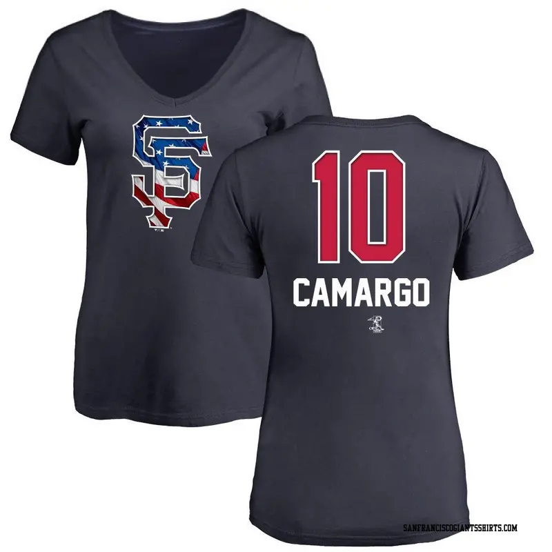 Women's San Francisco Giants ＃10 Johan Camargo Navy Name and Number Banner Wave V-Neck T-Shirt