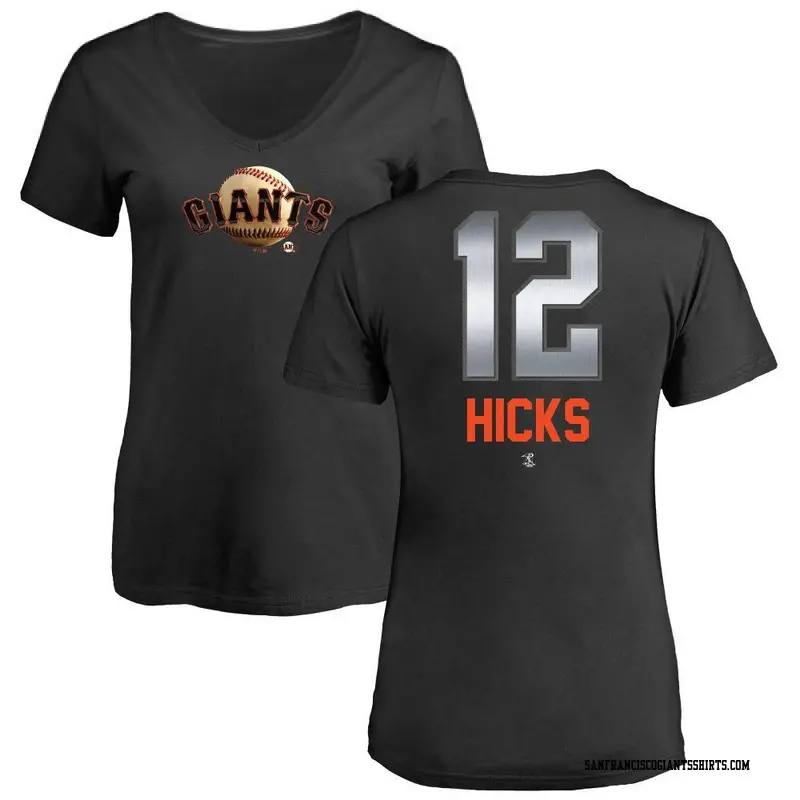 Women's San Francisco Giants ＃12 Jordan Hicks Black Midnight Mascot V-Neck T-Shirt