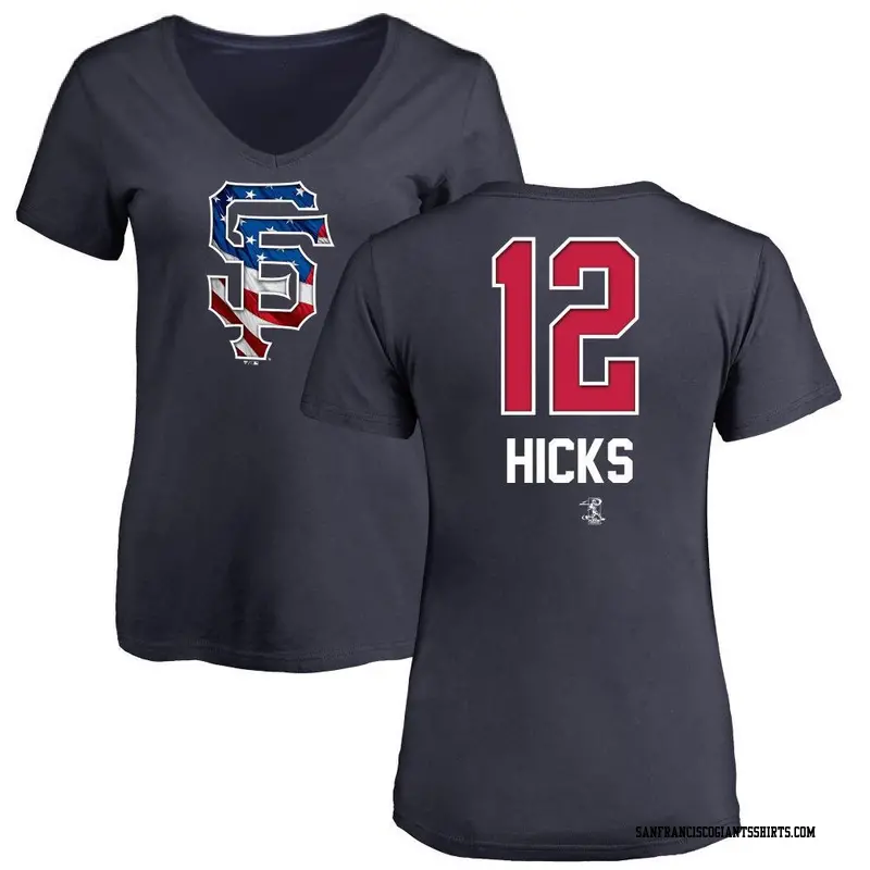 Women's San Francisco Giants ＃12 Jordan Hicks Navy Name and Number Banner Wave V-Neck T-Shirt