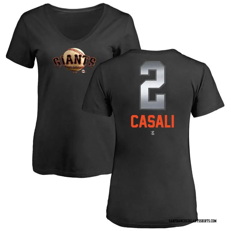 Women's San Francisco Giants ＃2 Curt Casali Black Midnight Mascot V-Neck T-Shirt