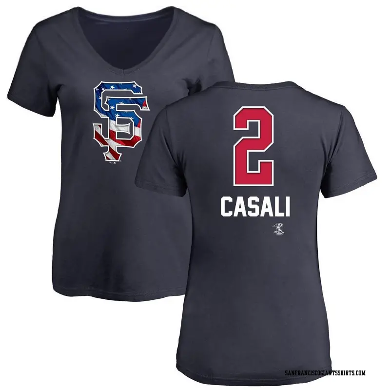 Women's San Francisco Giants ＃2 Curt Casali Navy Name and Number Banner Wave V-Neck T-Shirt