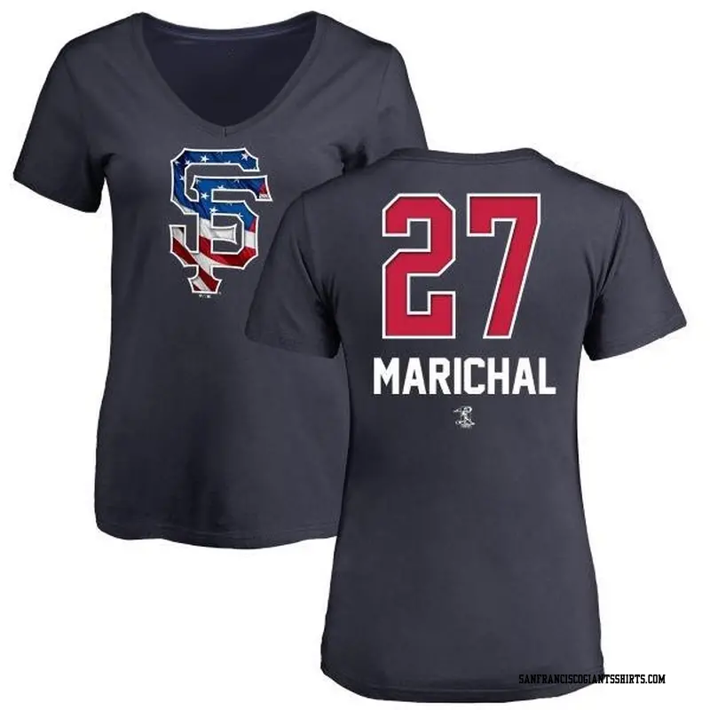 Women's San Francisco Giants ＃27 Juan Marichal Navy Branded Name and Number Banner Wave V-Neck T-Shirt