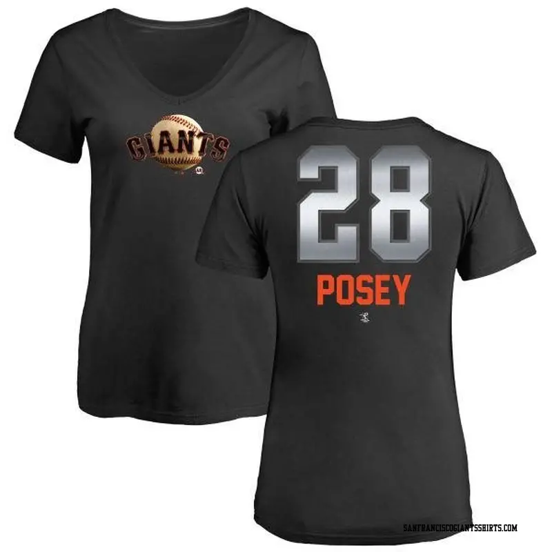 Women's San Francisco Giants ＃28 Buster Posey Black Branded Midnight Mascot V-Neck T-Shirt