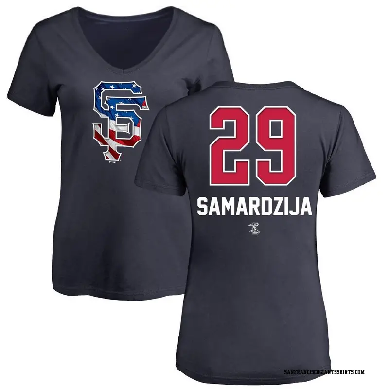 Women's San Francisco Giants ＃29 Jeff Samardzija Navy Branded Name and Number Banner Wave V-Neck T-Shirt