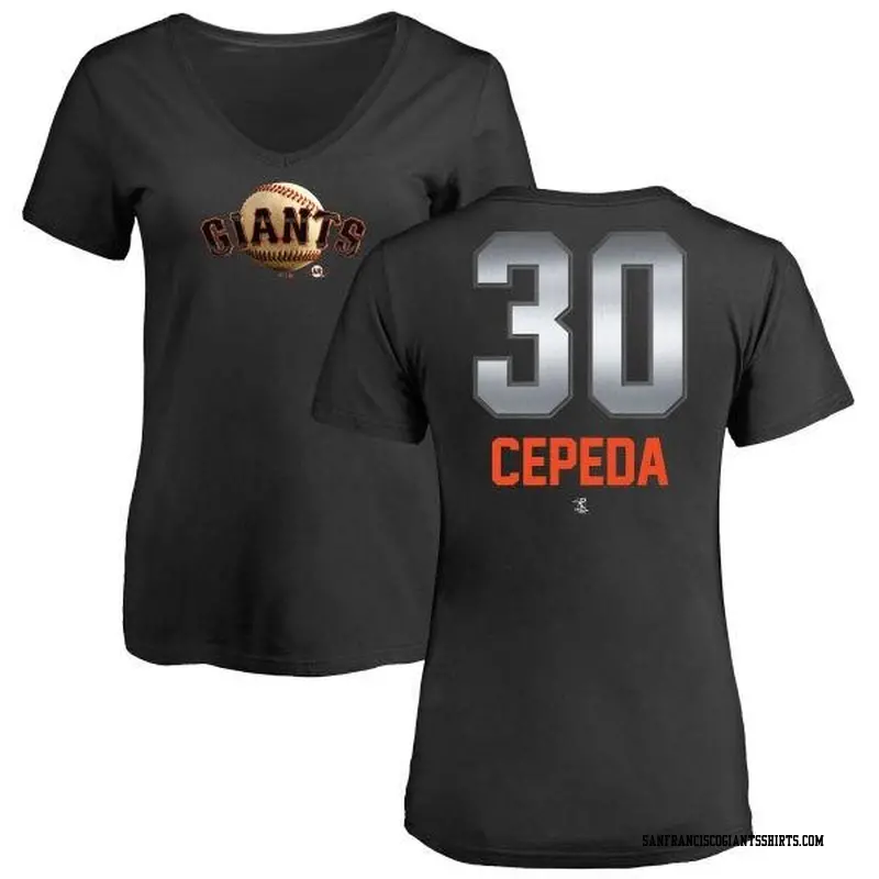 Women's San Francisco Giants ＃30 Orlando Cepeda Black Branded Midnight Mascot V-Neck T-Shirt