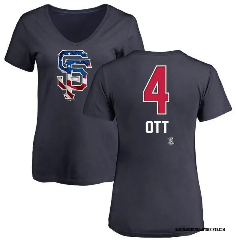 Women's San Francisco Giants ＃4 Mel Ott Navy Branded Name and Number Banner Wave V-Neck T-Shirt