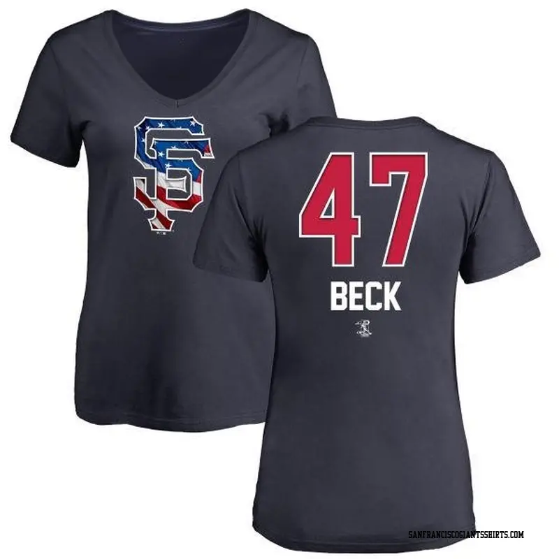 Women's San Francisco Giants ＃47 Rod Beck Navy Branded Name and Number Banner Wave V-Neck T-Shirt